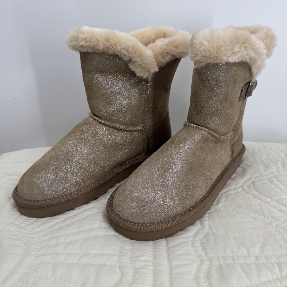 Style & Co Suede Boots Womens 11 Tan Shimmer Faux Fur Lined Buckle‎ Ankle Winter